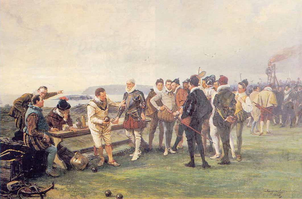 The scene on the Plymouth Hoe when captains play bowls as the Spanish Armada comes into view by John Seymour Lucas (1880) (Public Domain)