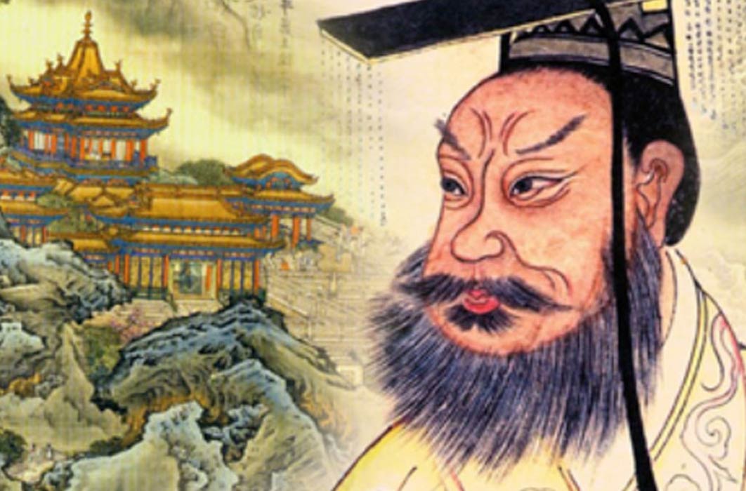 Penglai, depiction of one of the mythical islands ( Public Domain ), and Qin Shi Huang in a 19th century portrait ( Public Domain );Deriv.