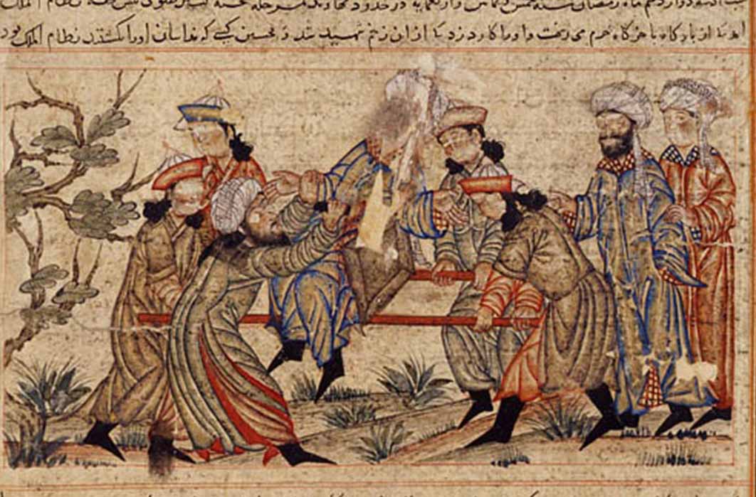 An agent of the Assassins (left, in white turban) fatally stabs Nizam al-Mulk, a Seljuk vizier, in 1092 AD. (14th-century AD manuscript) Topkapi Palace Museum, Istanbul (Public Domain)