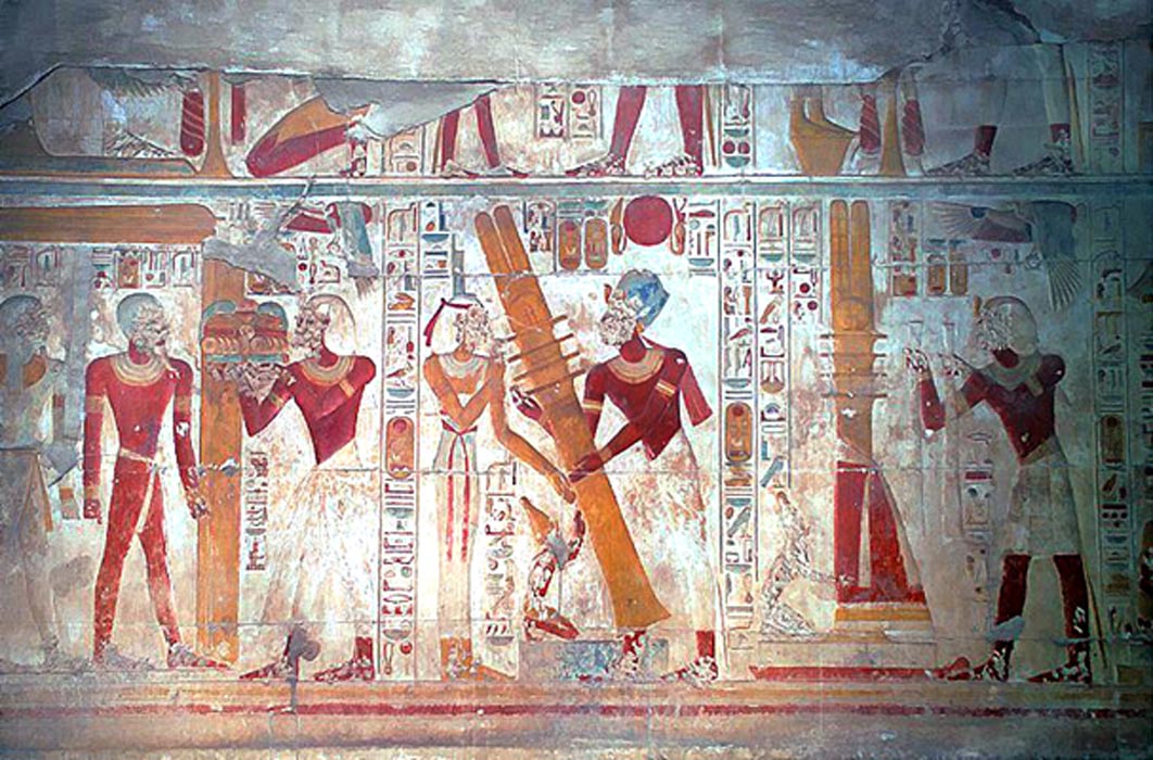 A scene on the west wall of the Osiris Hall at Abydos shows the raising of the Djed pillar. 
