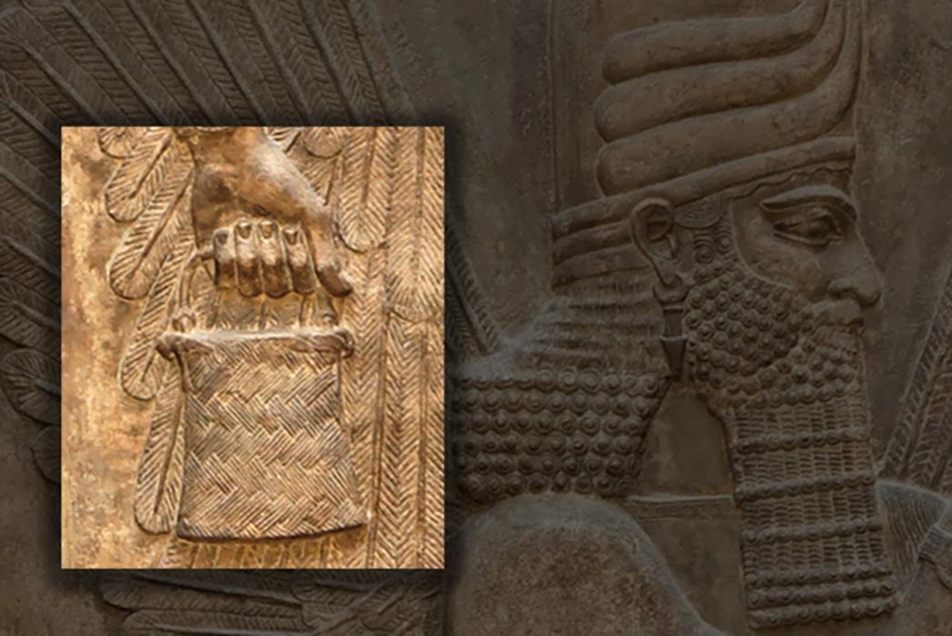Inset; Bucket/ banduddû from the north wall of the Palace of king Sargon II, and a four-winged genie in the Bucket and cone motif. 