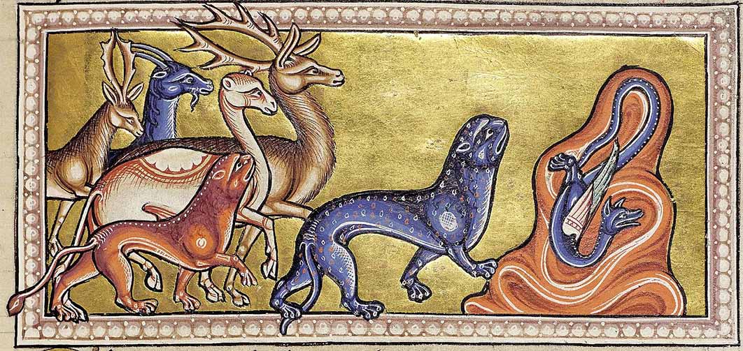 Deer, antelope and predators. Aberdeen Bestiary (12th century) (Public Domain)
