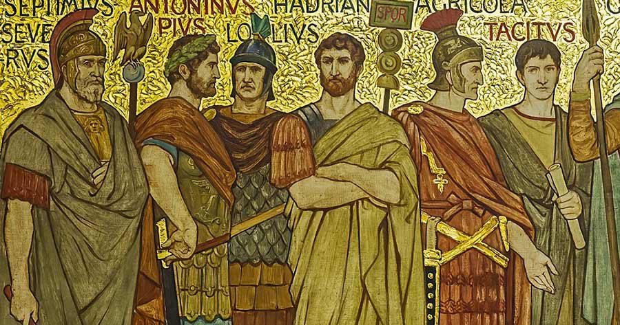 Agricola among Roman generals and emperors in this frieze from the Great Hall of the National Galleries Scotland by William Brassey Hole (1897) 