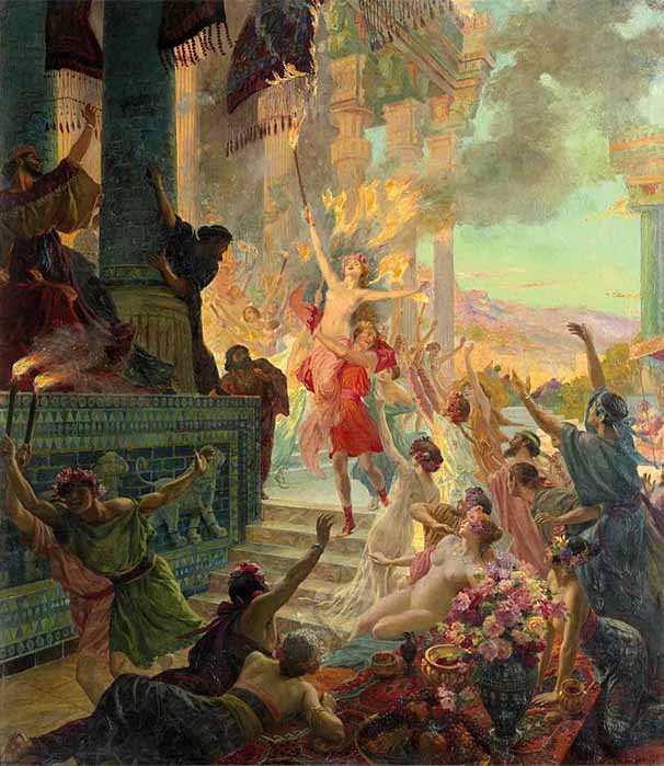 "The Burning of Persepolis", led by Thaïs by Georges-Antoine Rochegrosse (1890) (Public Domain)