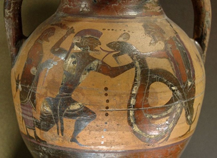 Cadmus fighting the dragon. Side A of a black-figured amphora from Euboea, circa. 560–550 BC. (Public Domain)
