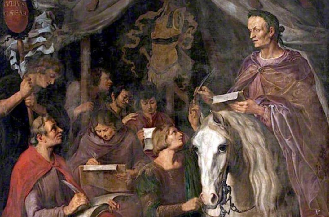 Julius Caesar on Horseback, Writing and Dictating Simultaneously to His Scribes by Jaques de Gheyn II (1629) (Public Domain)