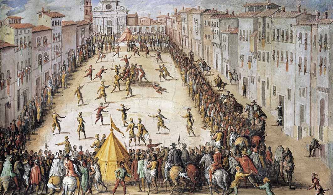 Calcio match in Piazza Santa Maria Novella, in Florence. Painting by Jan Van der Straet. Source: Public Domain