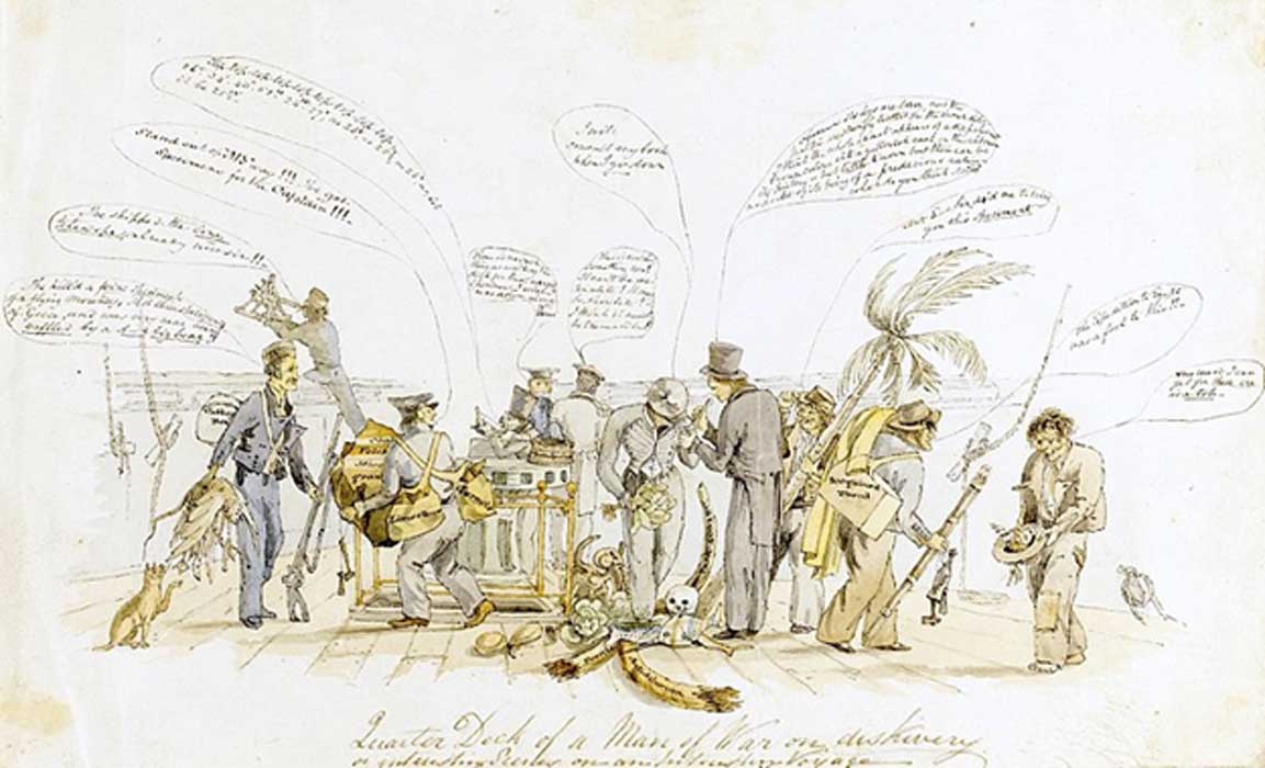 A caricature of the crew of HMS Beagle painted off the coast of Argentina (at Bahía Blanca) around 24 September 1832, presumed painted by the shipboard artist Augustus Earle. Described by Sotheby’s as 