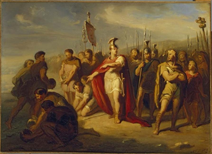  Caligula being ridiculed for his feigned conquest by Antonie Frederik Zürcher (1850) Amsterdam Museum. (Public Domain)