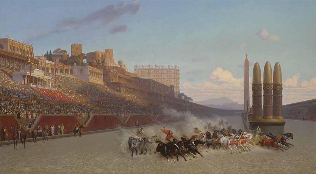Chariot race in Rome's Circus Maximus, as if seen from the starting gate. The Palatine Hill and Imperial palace are to the left, by Jean Léon Gérôme (1876) (Public Domain)