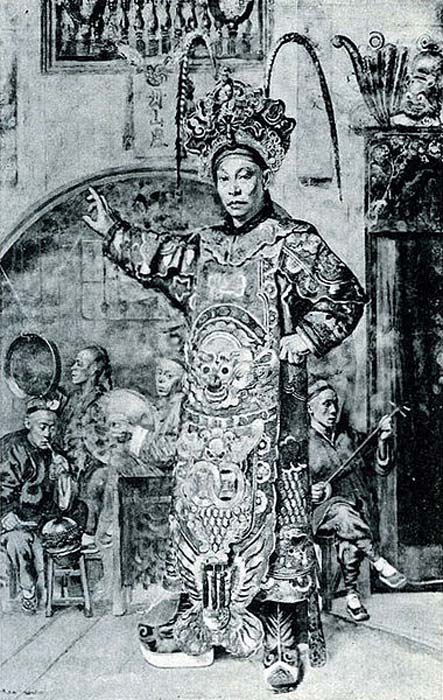 Chinese opera actor prepares for his entrance at the theatre, 1892. (Public Domain)