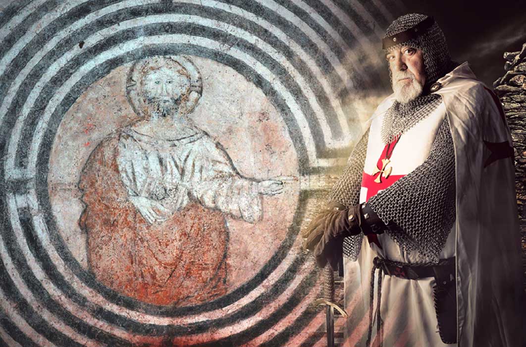 Christ in the Labyrinth (Image © Giancarlo Pavat) and Knights Templar deriv (Luis Louro / Adobe Stock)