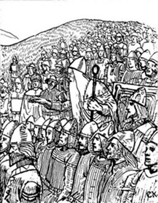 Christian Krohg: Illustration for Olav den helliges saga.  Þorgnýr the Lawspeaker showing the power of his office to the King of Sweden at Gamla Uppsala, 1018. (Public Domain)