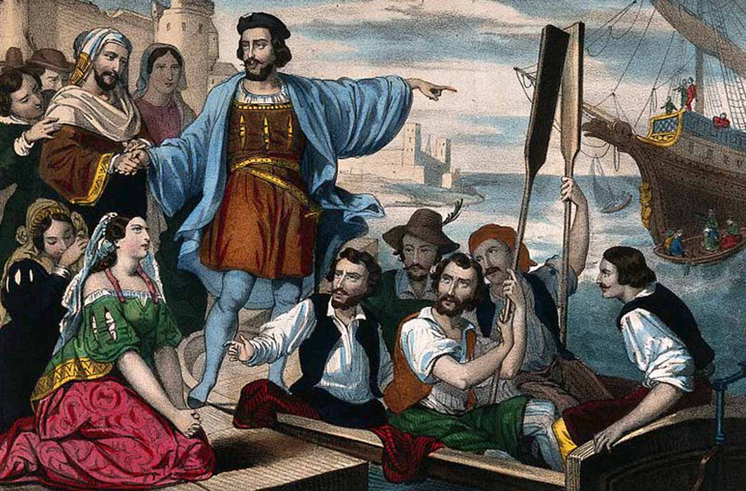 Christopher Columbus, surrounded by a crowd of people, is about to embark on his ship, August 1492. (Wellcome Images / CC BY-SA 4.0)