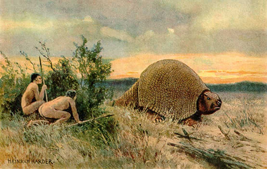 Illustration of Paleo-Indians hunting a glyptodont by Heinrich Harder (1858-1935)