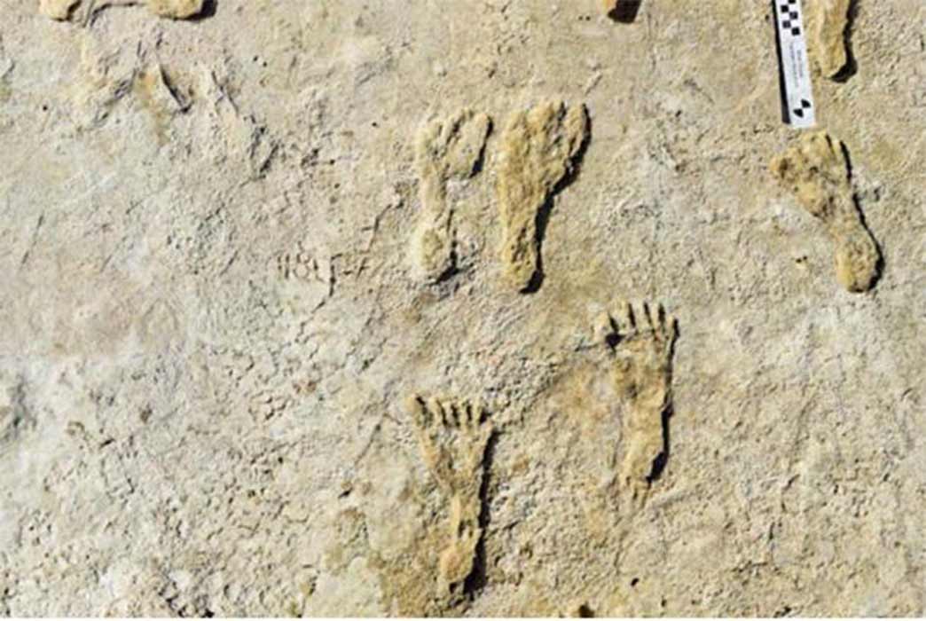 This undated photo made available by the National Park Service in September 2021 shows fossilized human footprints at the White Sands National Park in New Mexico. ( National Parks Service )