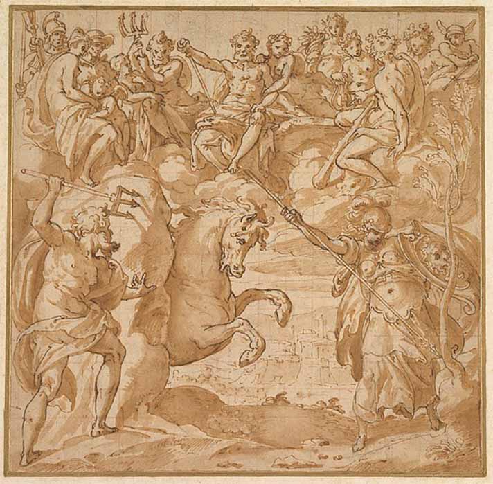 The Contest Between Athena and Poseidon for the Possession of Athens, drawing, Cesare Nebbia. (CC0)