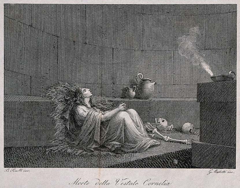 Cornelia, the Vestal Virgin, entombed alive surrounded by bones in the dungeon. Line engraving by G. Machetti after B. Pinelli. (Wellcome Images / CC BY-SA 4.0)