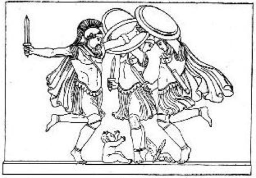 The Curetes dancing around the infant Zeus, as pictured in Themis by Jane Ellen Harrison (1912) (Public Domain)