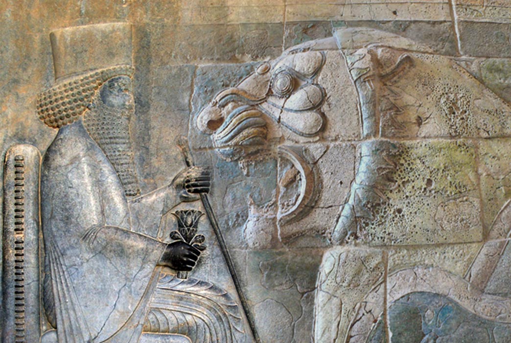 Deriv; Relief of Darius in Persepolis and roaring lion frieze found in the Apadana (Darius the Great's palace) in Susa. 