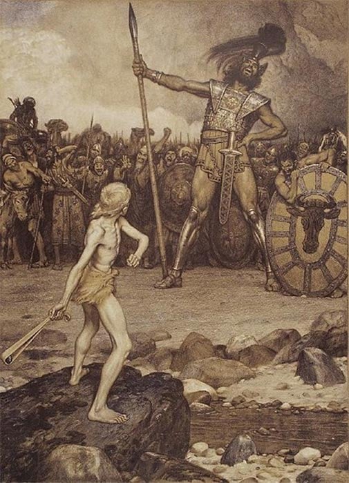 David faces the giant Goliath in this lithograph by Osmar Schindler (1888). (Public Domain)