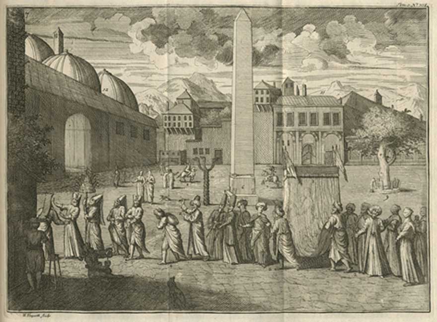 Depiction of the At Meydani square at the location of the Hippodrome of Constantinople. Also displayed is the Serpent Column and Obelisk of Theodosius by Aubry de la Mottraye (1727) (Public Domain)