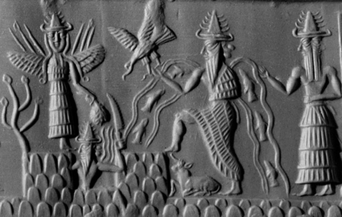 Detail of The Adda Seal. Goddess Inanna, god Utu, god Enki and chief minister Usimu. (Public Domain)