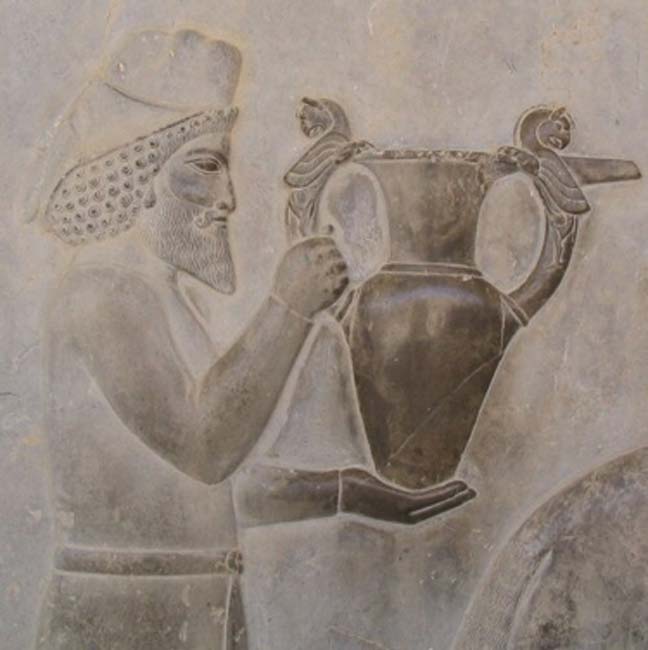 Detail of a relief of the eastern stairs of the Apadana, Persepolis, depicting Armenians bringing an amphora, probably of wine, to the king. (CC BY-SA 3.0)