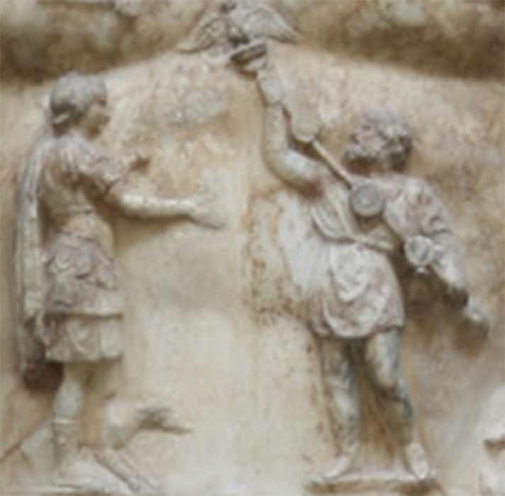 Detail from the breastplate of Augustus Prima Porta, showing a Parthian man returning the aquila lost by Crassus at the Battle of Carrhae ( Andreas Wahra/ CC BY-SA 3.0)
