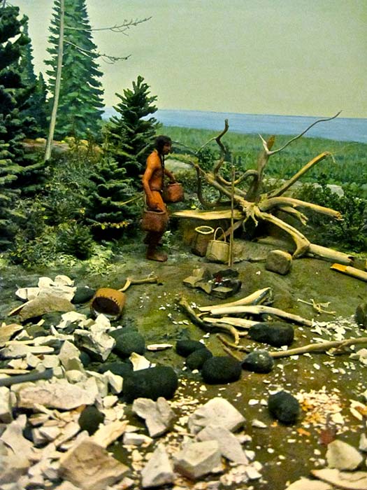 Diorama of Anishinaabe people mining copper near Lake Superior 