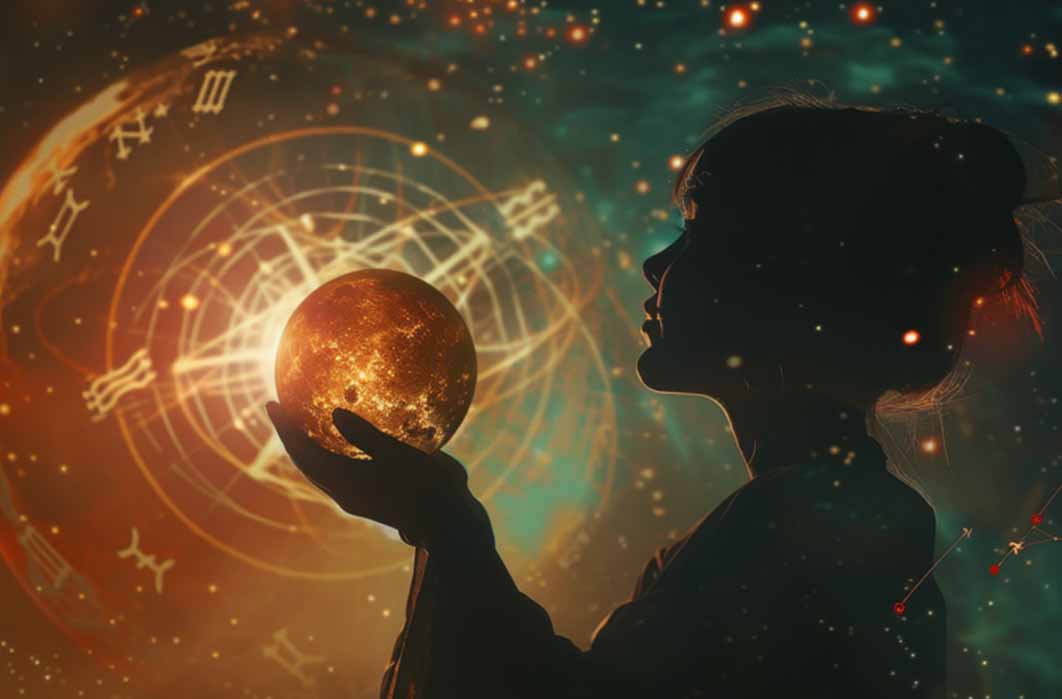 Image of a fortune teller gazing into a glowing orb, zodiac symbols orbiting around, divining the future amidst the cosmos.	Source: Jenjira/Adobe Stock