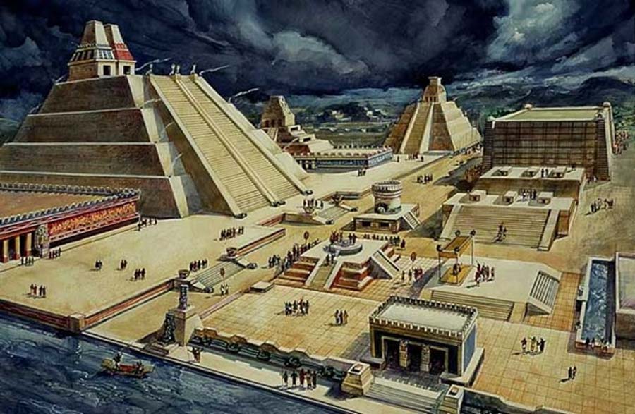 Drawing of what part of Tenochtitlan may have looked like (Public Domain)