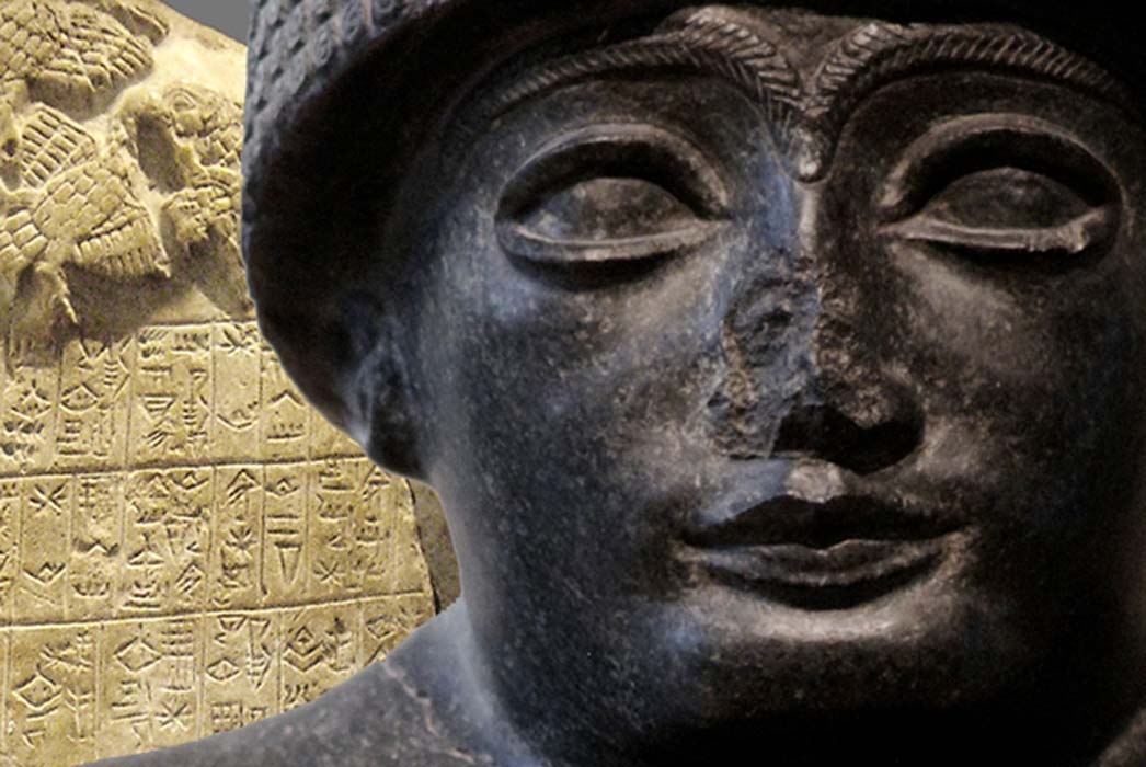 Statue of Gudea, prince of Lagash (long after King Eannatum) neo-Sumerian period, 2120 BC (Public Domain) and a fragment of the Stele of the Vultures (CC BY-SA 3.0);Deriv.