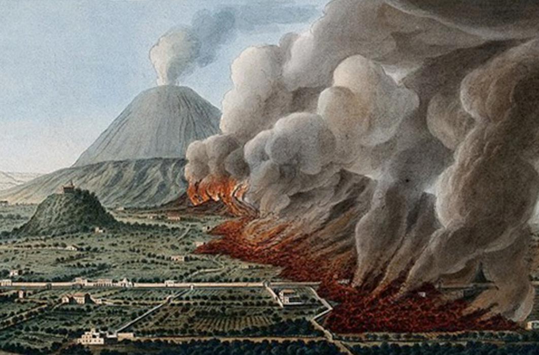 Mount Vesuvius: a volcanic eruption at the foot of the mount by Pietro Fabris, (1776). (Wellcome Images)
