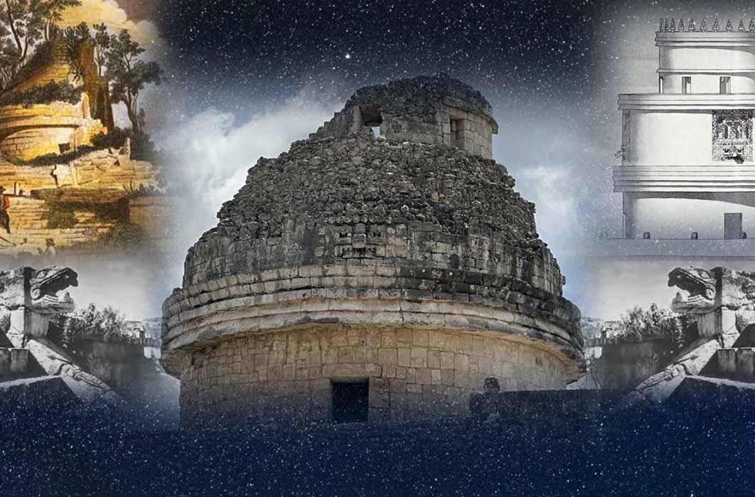 Caracol Collage, created by the author:  The Observatory in 2023; photo by author, Starry sky background compliments of Felix Mittermeier, Pixabay, To the upper left is the lithograph of El Caracol by Frederick Catherwood, 1844, To the upper right is the recreation of El Caracol at Chichén Itzá by artist J.S. Bolles, 1935, Flanking the Caracol are two heads of K’uk’ulkan, photos from Ruppert, Karl, The Caracol at Chichen Izta (sic) Yucatan, Mexico, Carnegie Institution of Washington, 1935.