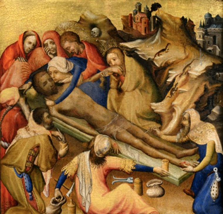 Embalming of the Body of Christ from triptych, by Bruges (circa 1410) (Public Domain)
