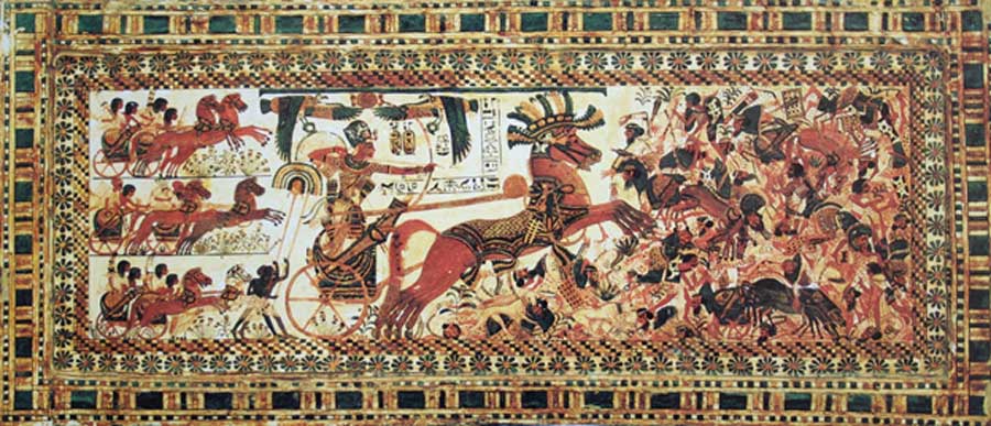 Even though there is no definitive evidence that Tutankhamun ever participated in battles, wall reliefs at Karnak Temple and numerous objects found in his tomb suggest otherwise. Here, the pharaoh is depicted destroying Syrians by firing arrows and trampling the traditional enemies under his chariot. (Egyptian Museum, Cairo. Image: Yann Forget)
