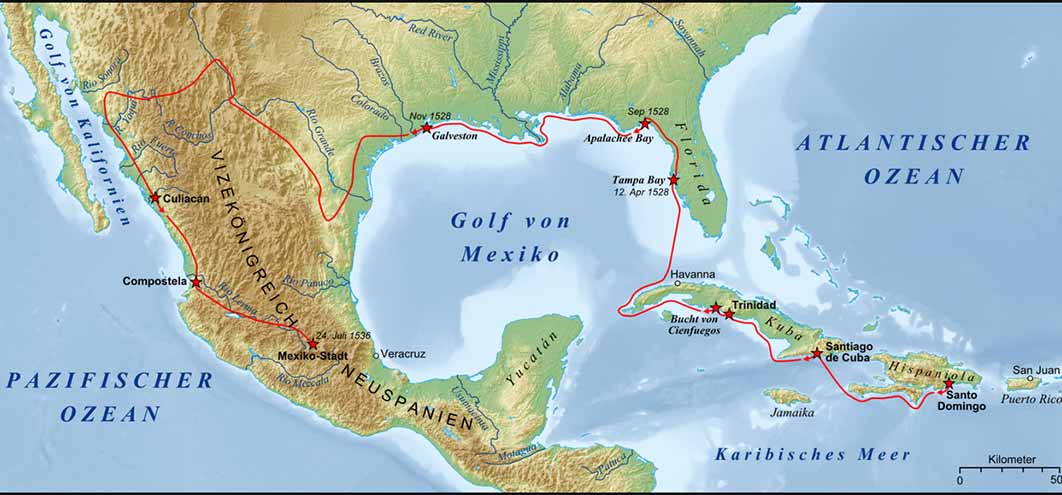 Expedition of Álvar Núñez Cabeza de Vaca, during his first trip to America. (Lencer  / CC BY-SA 3.0)