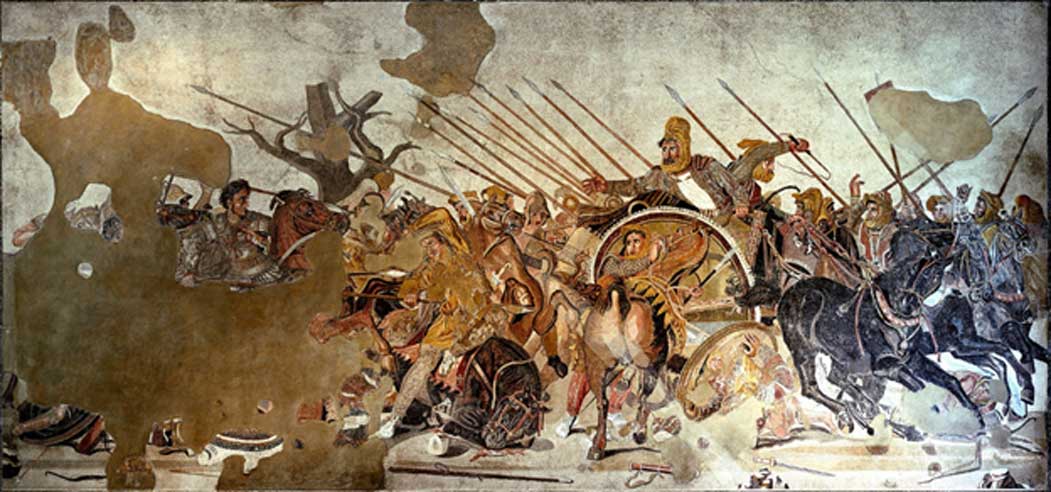Famous Alexander Mosaic, showing Battle of Issus. Alexander is depicted mounted, on the left