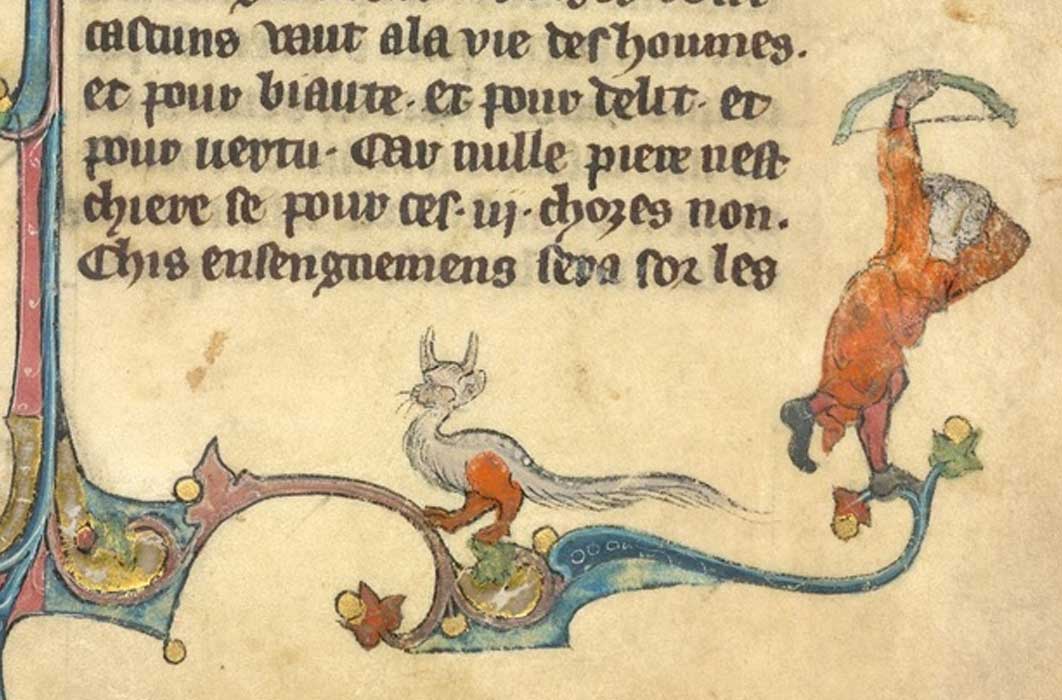 Lower right part of the three-sided border: an archer shooting at a dragon, and a grotesque, in Brunetto Latini's Le Livre du Trésor. (circa 1315-1325)France, N. (Picardy) (Public Domain)