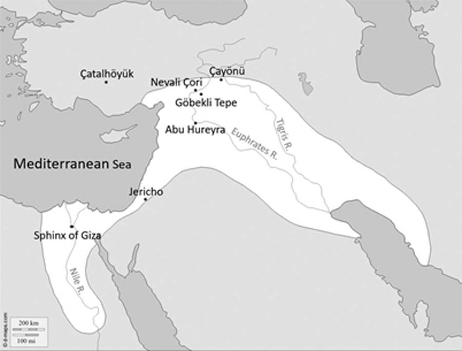 The ‘Fertile Crescent’ in the early Neolithic period, incorporating the Egyptian Nile, the Levant, southern Anatolia, and Mesopotamia. (Image: Martin Sweatman)