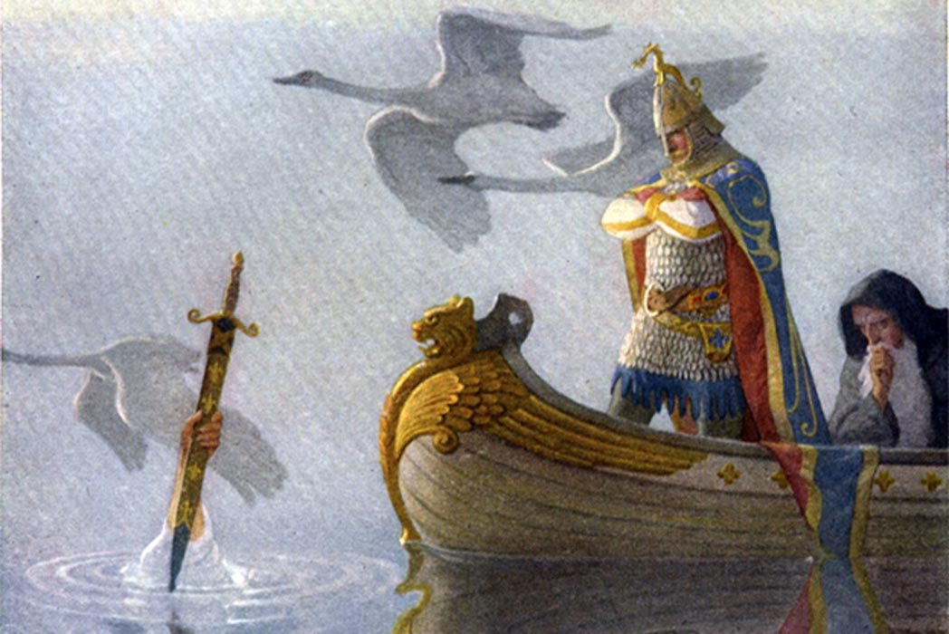 The Fisher King is an immortal king in Arthurian legend. Painting of King Arthur in boat, being presented with sword Excalibur. 
