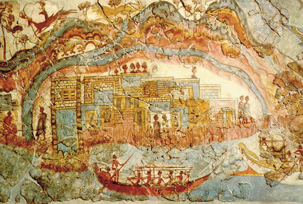 Bronze age 'Flotilla' fresco from room 5, in the west house at the Minoan town of Akrotiri, Santorini, Greece (Public Domain)