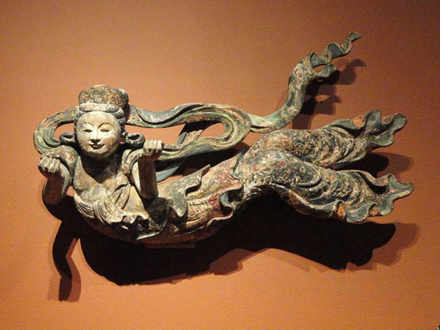 Flying Apsaras, Japan, c. early 18th century, wood with pigment. 