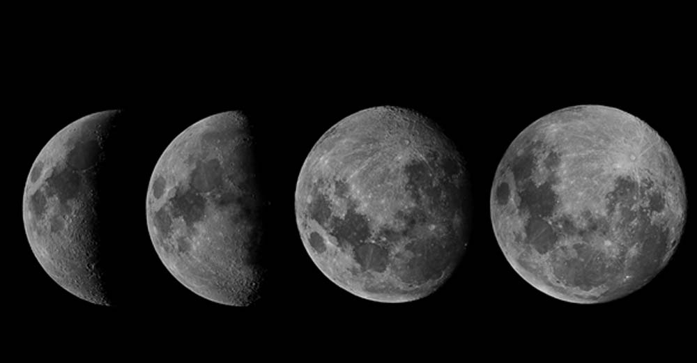 Four stages of the lunar cycle (Crescent, quarter, gibbous, full) 