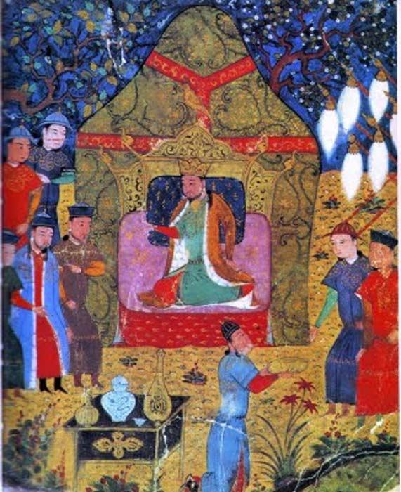 Genghis Khan proclaimed Khagan of all Mongols. Illustration from a 15th-century Jami' al-tawarikh manuscript. (Public Domain)