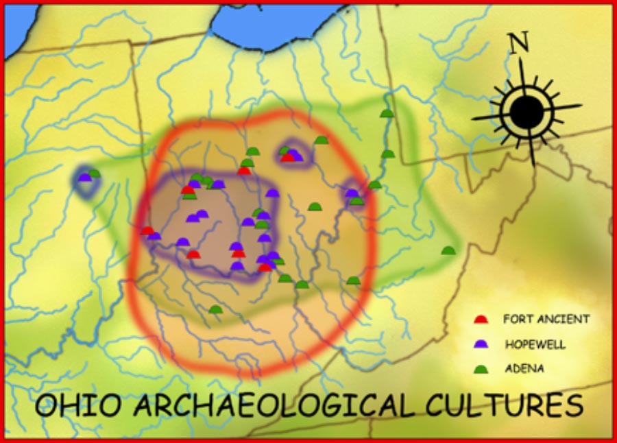 Geographic distribution of the Adena (800 BC–100 AD), Hopewell (200 BC–500 AD), and Fort Ancient (1000–1750 AD) cultures. (CC BY-SA 3.0)