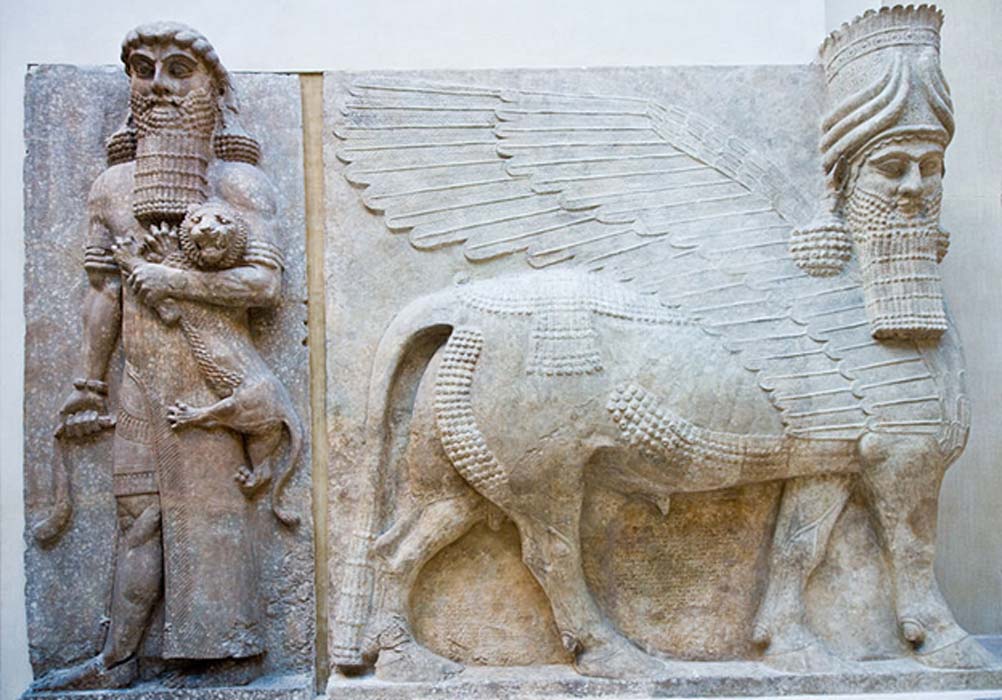 Louvre Museum, Department of Near Eastern Antiquities: Gilgamesh and Lion, Human headed winged bull, Assyria.