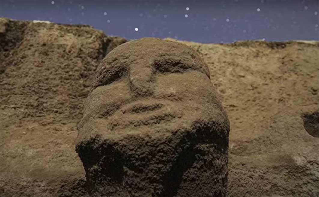 A human head in an ancient wall at the Karahan Tepe site in Turkey.  Source: Ancient Architects / YouTube screenshot