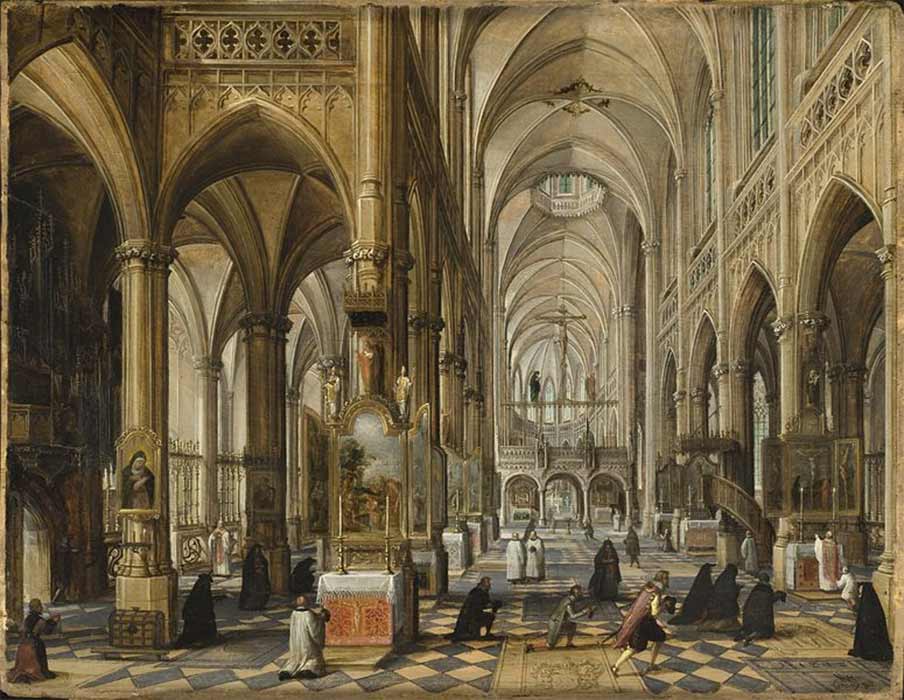 Interior of a Gothic Cathedral by Paul Vredeman de Vries (1612) Los Angeles County Museum of Art (Public Domain)